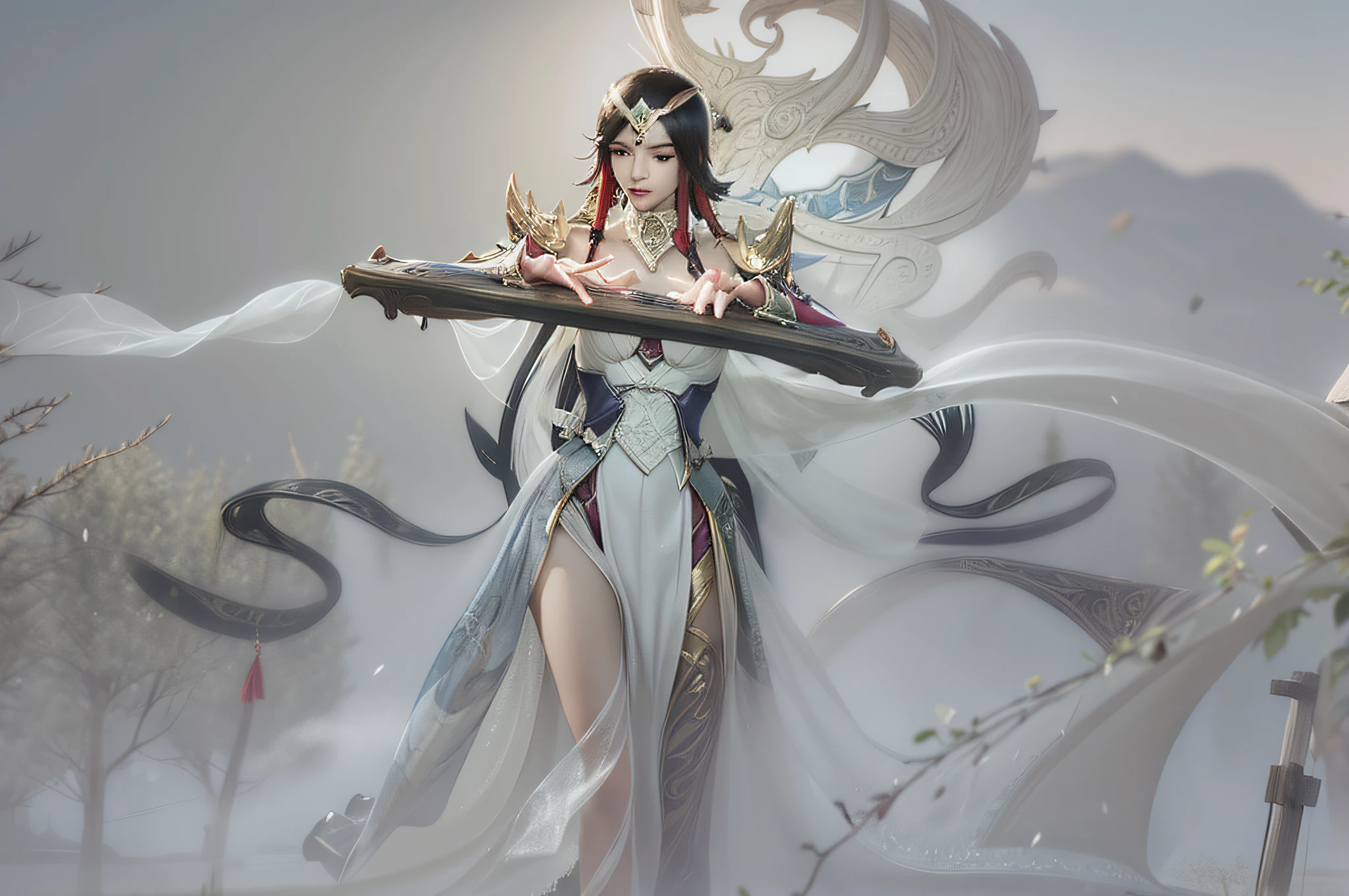 A woman who plays the piano, Inspired by the League of Legends Jade Sword Legend skin series，Long hair scattered，Classic costumes for fairy tales，Streamers on clothes