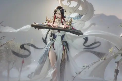 A woman who plays the piano, Inspired by the League of Legends Jade Sword Legend skin series，Long hair scattered，Classic costume...