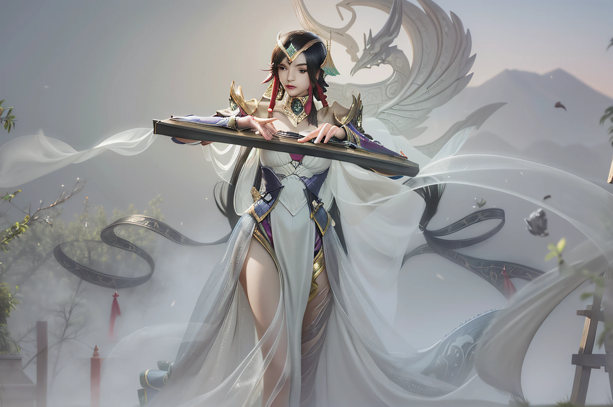 Woman playing piano, Inspired by the League of Legends Jade Sword Legend skin series，Long hair scattered，Classic costumes for fairy tales，Streamers on clothes