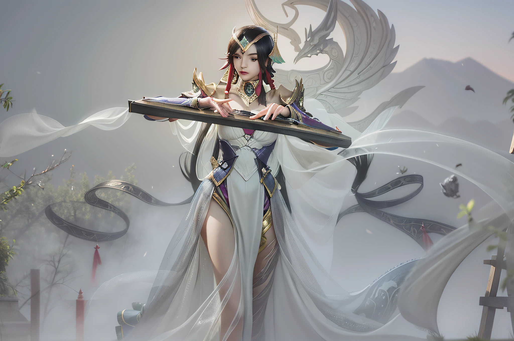 Femme jouant du piano, Inspiré de la série de skins League of Legends Jade Sword Legend，Cheveux longs épars，Costumes classiques pour les contes de fées，Des banderoles sur les vêtements