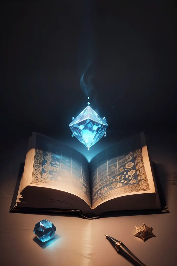 In a dark and sealed room，On the table was a very old magic book，The book is carved with intricate patterns and various reliefs，Set with some precious stones，It emits a faint blue light，vellum，Sense of age，magia，Dark style，extreme hight detail，3D