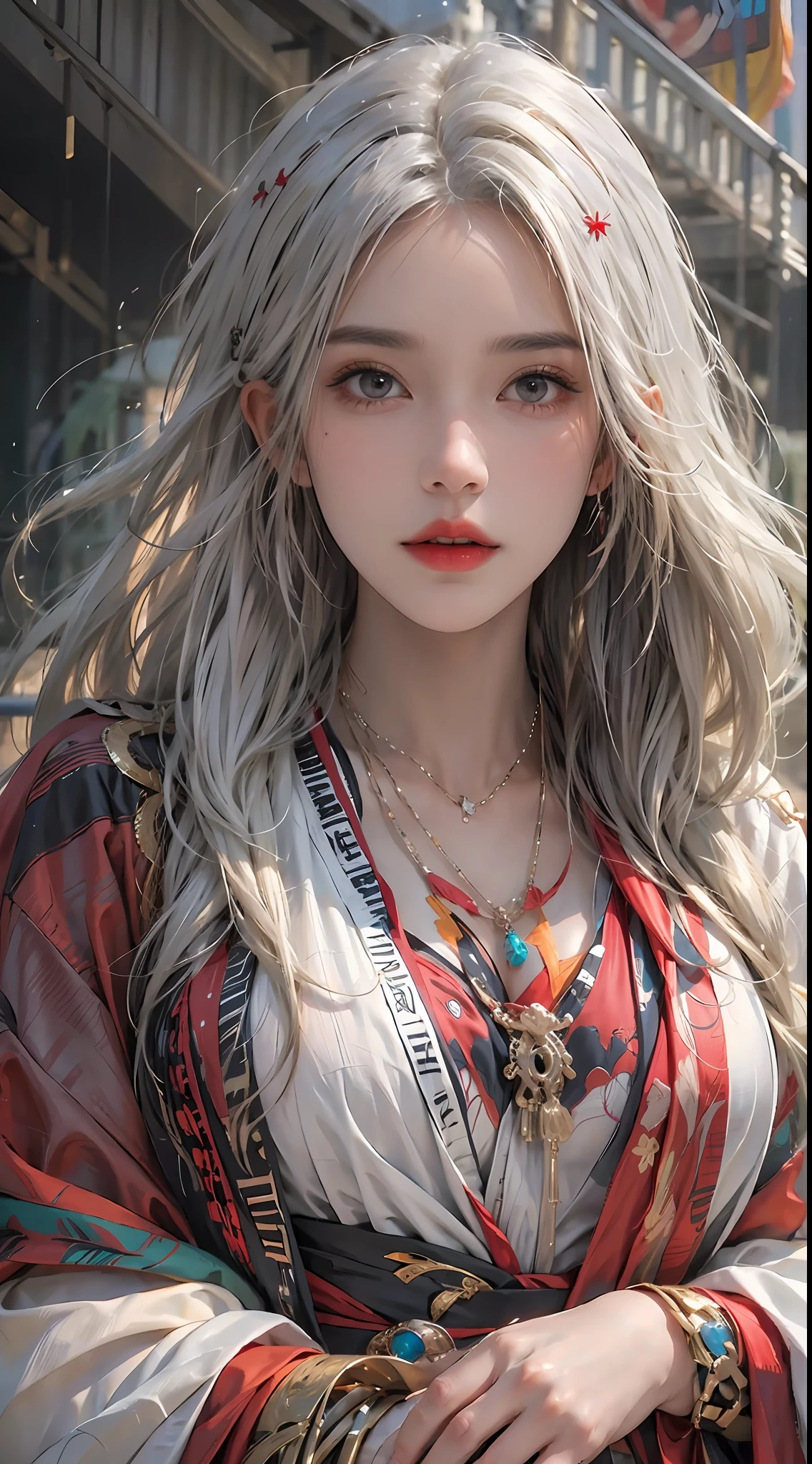 Photorealistic, high resolution, 1womanl, Solo, Hips up, view the viewer, (Detailed face), White hair, Long hair, colorful robes,Oversized clothes, midjourney portrait, jewelry