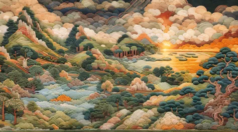 （Cross-stitch landscape，Embroidered landscape），Ancient landscape landscape，suns，Sunset，Remnant clouds，Chinese landscape painting...