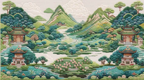 （Cross-stitch landscape，Embroidered landscape），Antique game scene design，peacock，lotuses，A blue sky，White cloud，Chinese landscap...