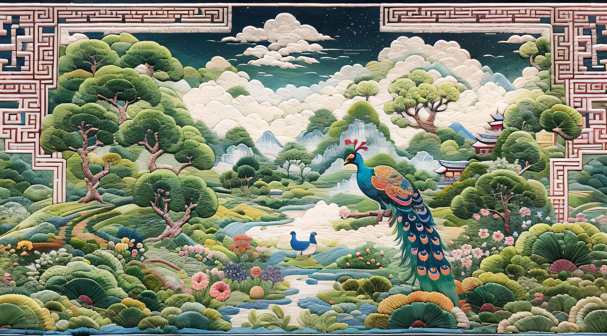 （Cross-stitch landscape，Embroidered landscape），Antique game scene design，peacock，lotuses，A blue sky，White cloud，Chinese landscape painting OC rendering sculpture