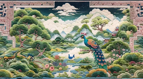 （cross-stitch landscape，embroidered landscape），antique game scene design，peacock，lotuses，a blue sky，white cloud，chinese landscap...