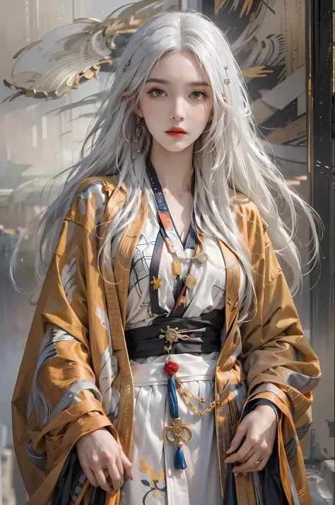 photorealistic, high resolution, 1women, solo, hips up, look at viewer, (detailed face), white hair, long hair, taoist robe,over...