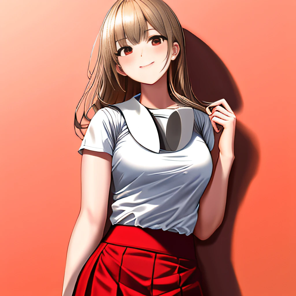 high-definition picture quality，Outstanding quality，1个Giant Breast Girl，White shirt on the upper body，The bottom is a red miniskirt，ssmile