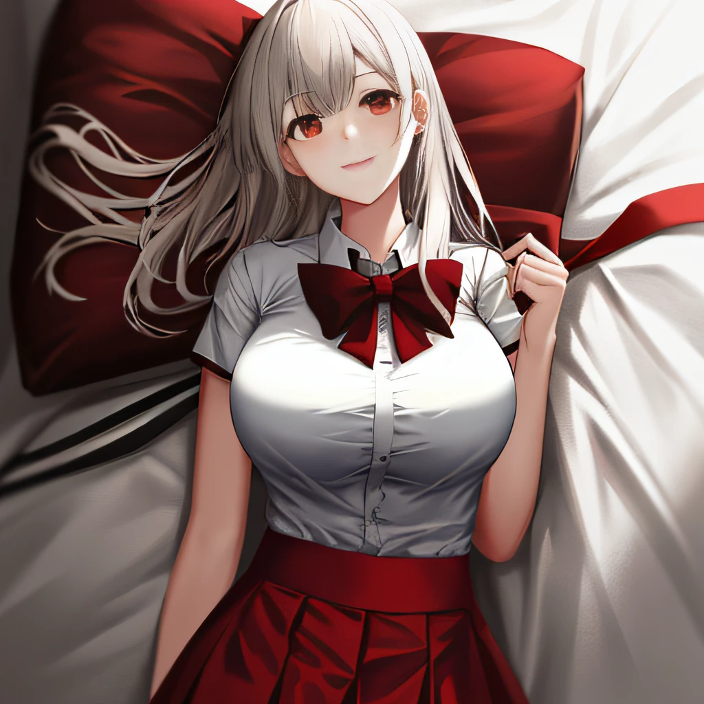 high-definition picture quality，Outstanding quality，1个Giant Breast Girl，White shirt on the upper body，The bottom is a red smile