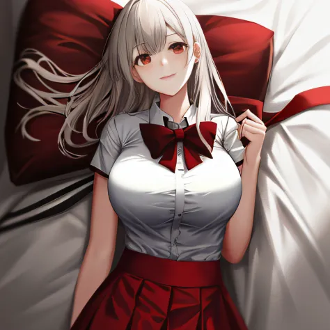 high-definition picture quality，Outstanding quality，1个Giant Breast Girl，White shirt on the upper body，The bottom is a red minisk...