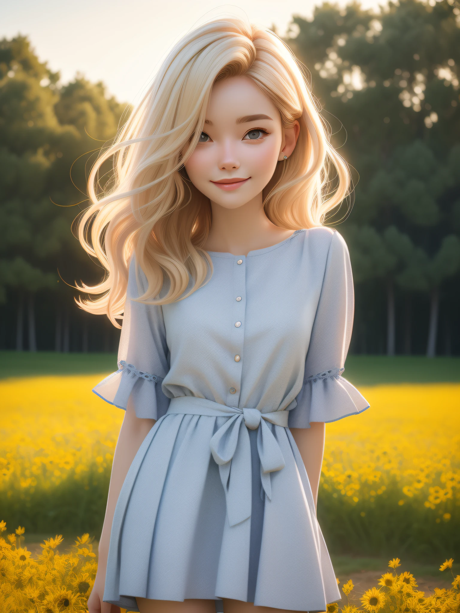 dynamic lighting, (((sunny field))), (cute:1.3), blonde hair, (pale skin:1.1), (soft smiling:1.1), detailed face, detailed gray eyes, detailed skin texture, mini red dress, on park, sun ray, by ilya kuvshinov, nina masic, sharp focus, natural lighting, subsurface scattering, f2, ornate, 35mm, Luminism, cinematic lighting, wide shot, retina, textured skin, anatomically correct, best quality, award winning