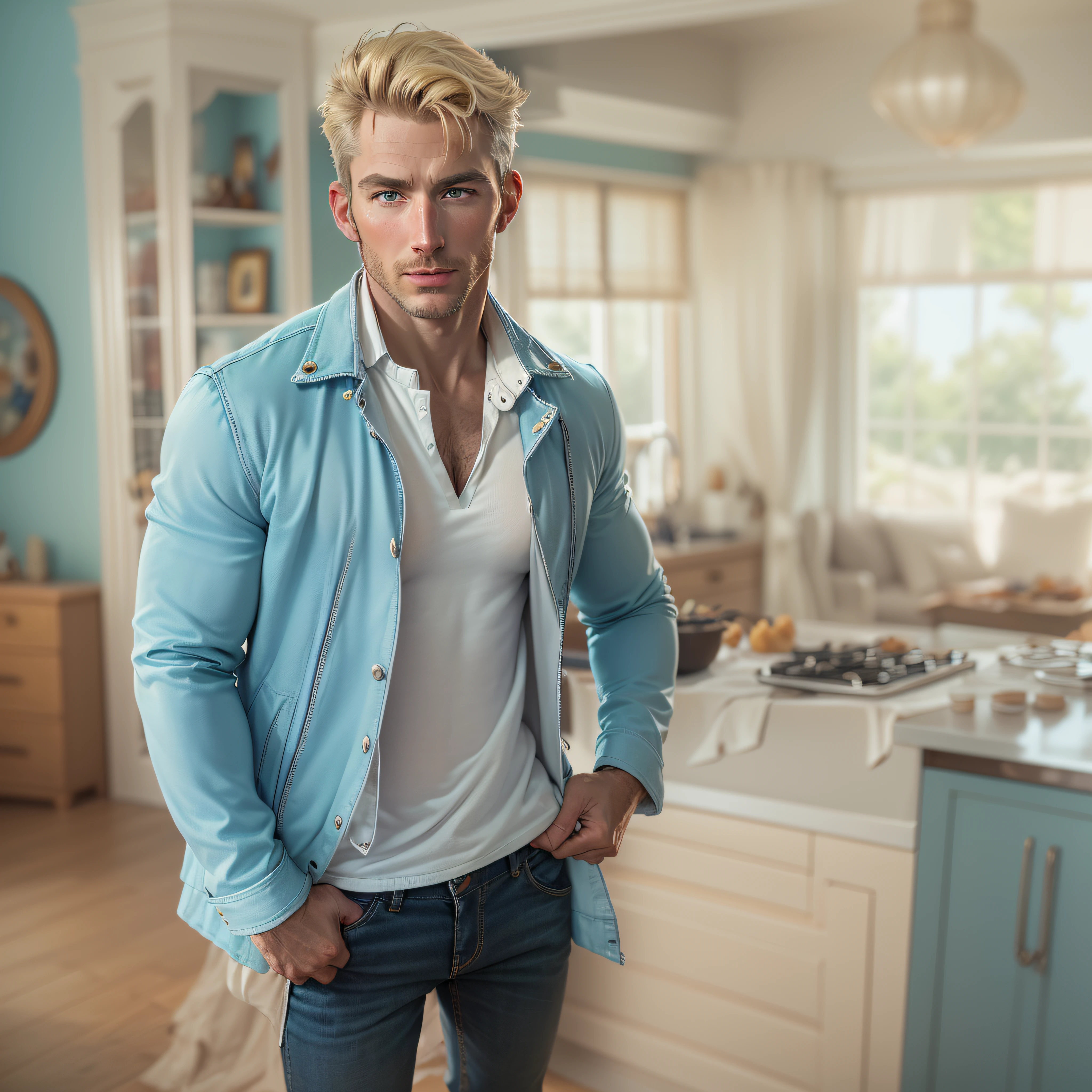 high quality, 1man, (((handsome blonde american dilf))), (((white shirt))) (((baby blue jacket))), (((blue eyes))) (((in Dreamhouse))) (((no facial hair)))