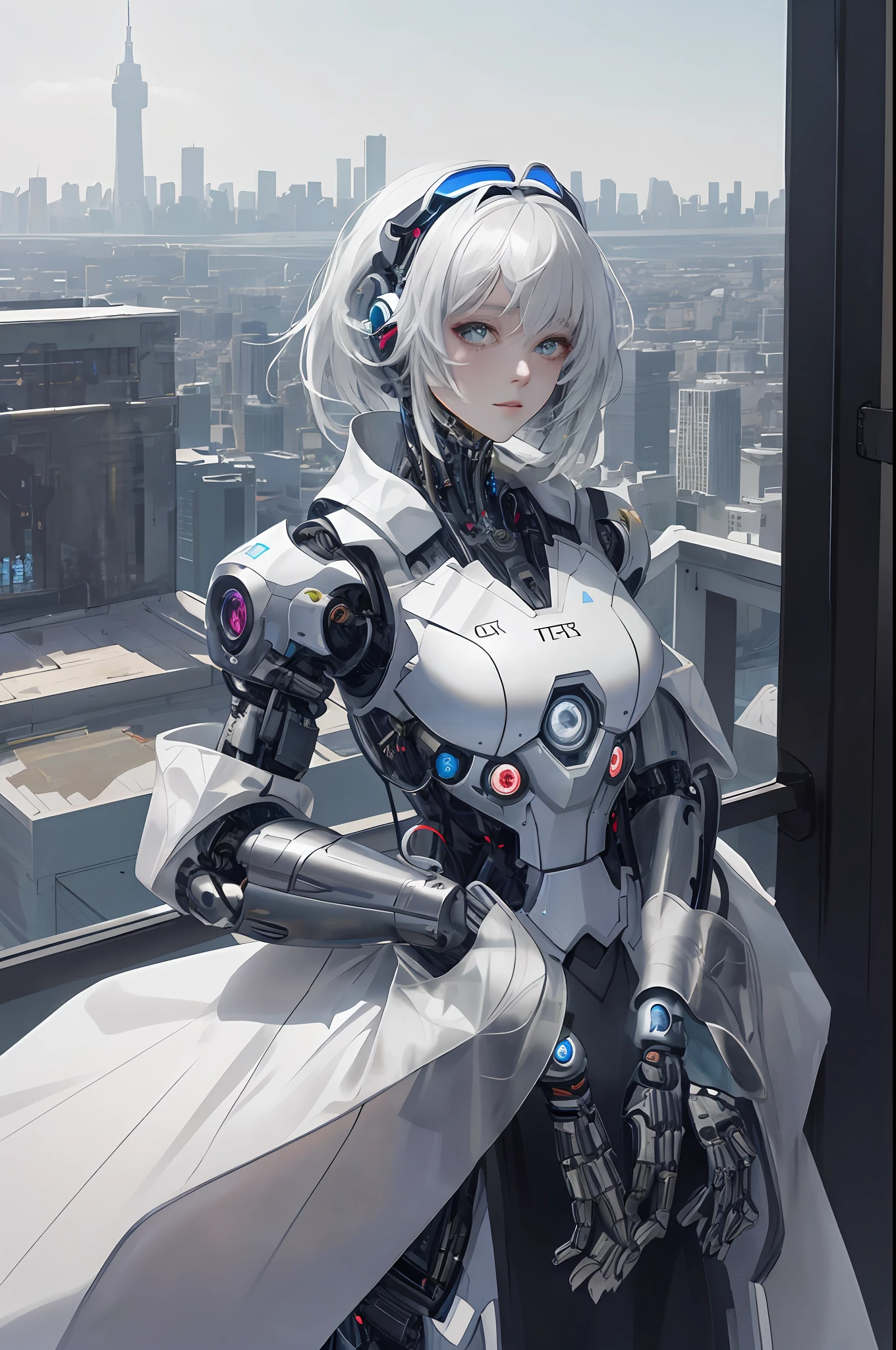 Futobot， cyborg people， tmasterpiece， best qualtiy， ultra - detailed， illustratio， full-shot， sportrait， 1girll， shift dresses， K-pop idol， （City skyscrapers ：1.6），standing on your feet，Hold a long knife