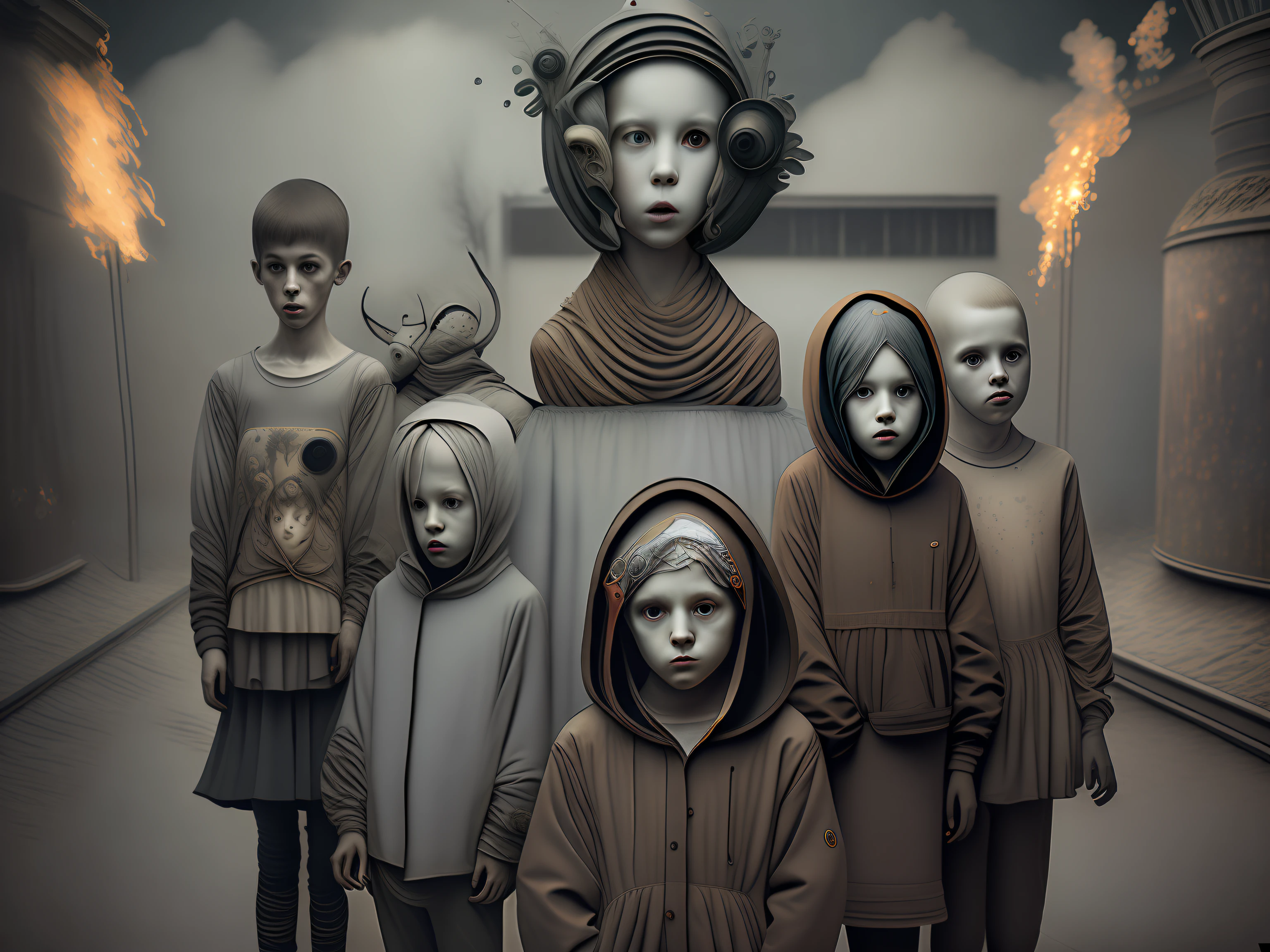 낙서로 만든 마스크를 쓴 어린이 10명、소름 끼치는 분위기、어두운 숲 배경、불타는 성소、화재、낙서 마스크、