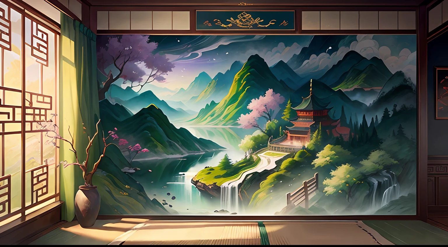 Chinese landscape murals，Usually with the theme of landscapes，It shows an ethereal spirit、Peaceful atmosphere。Such frescoes usually have the following characteristics：ink and watercolor painting，ink，Smudge The color is soft：China Mountain Water Mural Painting Usually Used Meek 的色彩，Such as light ink、lilac、light green, etc，These colors make the mural look warmer、and harmonious。 The mood is ethereal：Chinese landscape murals focus on expressing the artistic conception of landscapes，Pursue an ethereal、A secluded realm。Through delicate brushstrokes and light colors，The mural conveys a sense of seclusion、The feeling of being in a wonderland。 Screen Peace：The images of landscapes in Chinese landscape murals are usually peaceful、Peaceful。The mountains rise and fall、The trees are verdant，Flowing water，These images give a sense of peace、Comfortable feeling。 Cultural connotations：Chinese landscape murals also contain rich cultural connotations，Such as Taoism、The influence of Buddhist and other ideas，Give the mural a deeper cultural significance。 in short，Chinese landscape murals are known for their pastel colors、Ethereal mood、Peaceful images and rich cultural connotations，It shows a unique artistic charm，It makes people feel peaceful and harmonious。