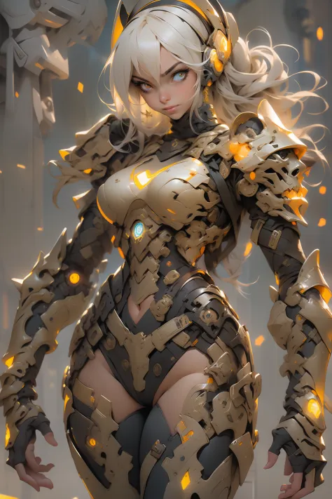 (masterpiece), (best quality), 1girl, detailed hair, cyborg girl, female warrior battle field, stand, (goledn glowing eyes), cyb...