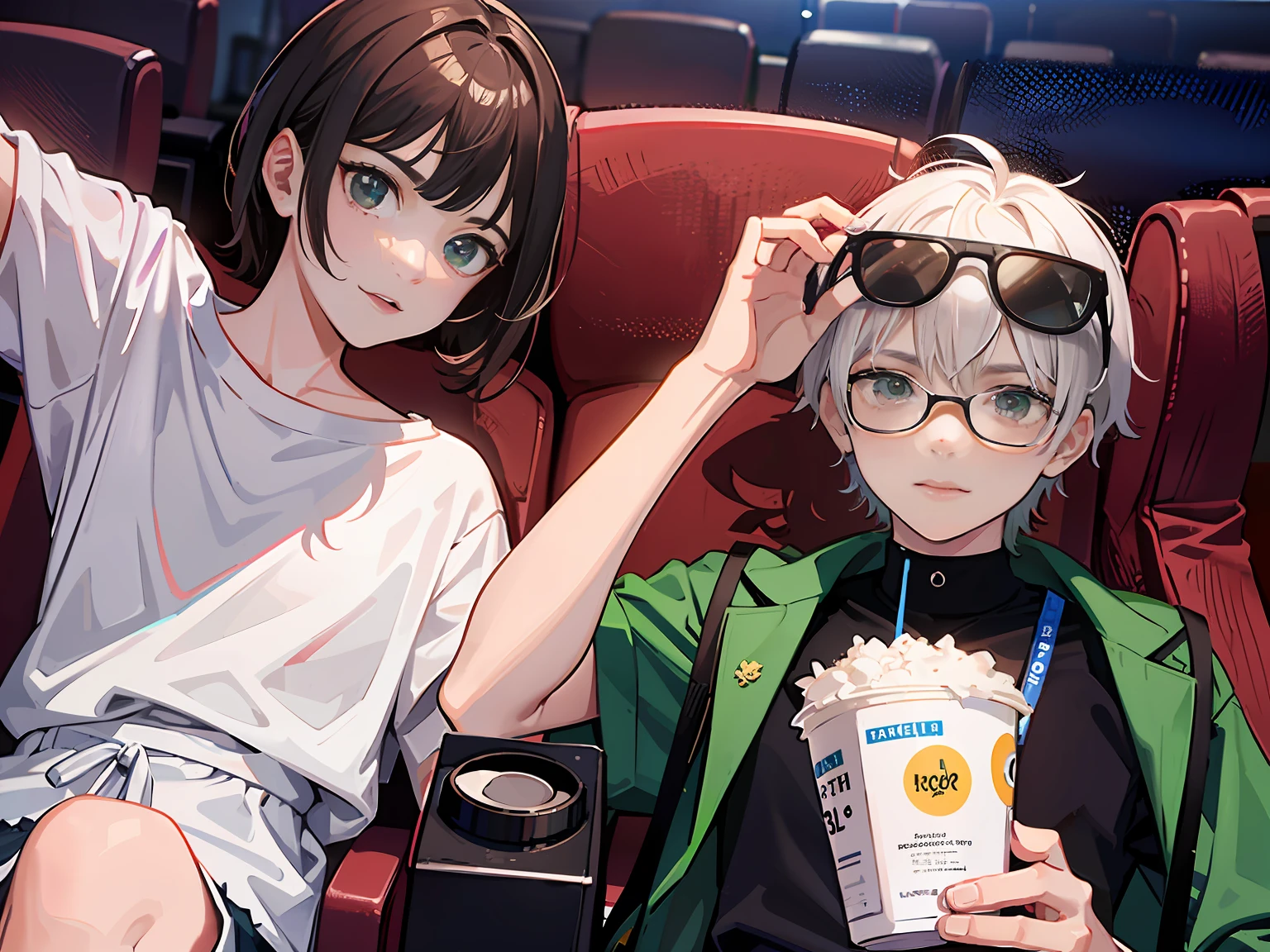 Anime characters sitting in a movie theater with drinks and popcorn -  SeaArt AI