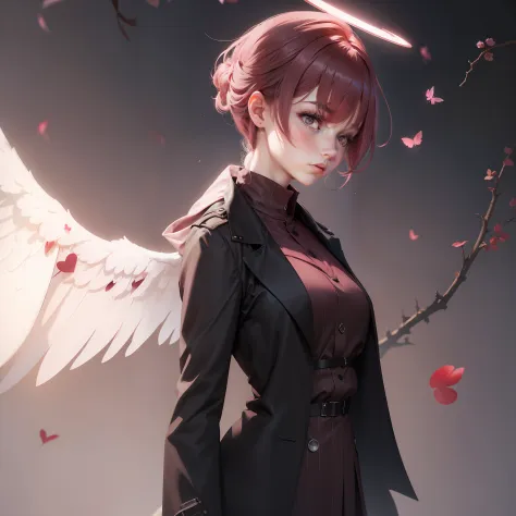 there is a pink heart-shaped halo on the top of the head，red shawl hair，gray pupils，black trench coat