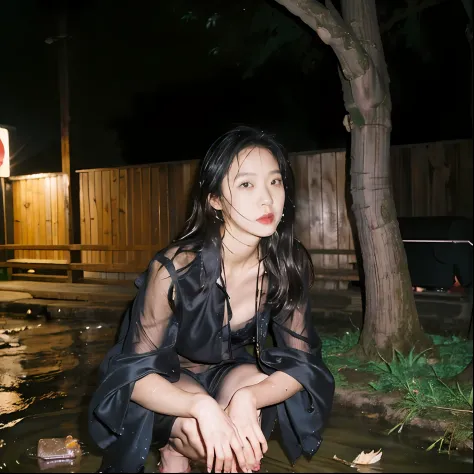 Naoyuki Obayashi,90s flash photo，1girll, Solo,At night,a woman standing in a dim alley flirting，(full bodyesbian:1.5),Big breast...