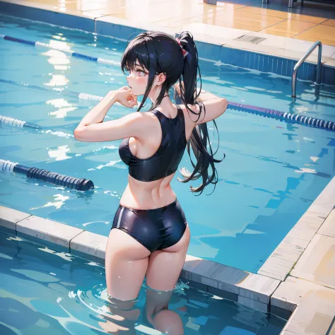 in  School pool, Long black hair woman in school swimsuit、swimming in pool