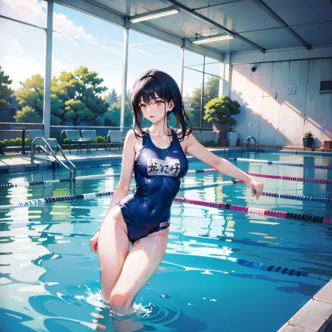 in  School pool, Long black hair woman in school swimsuit、swimming in pool