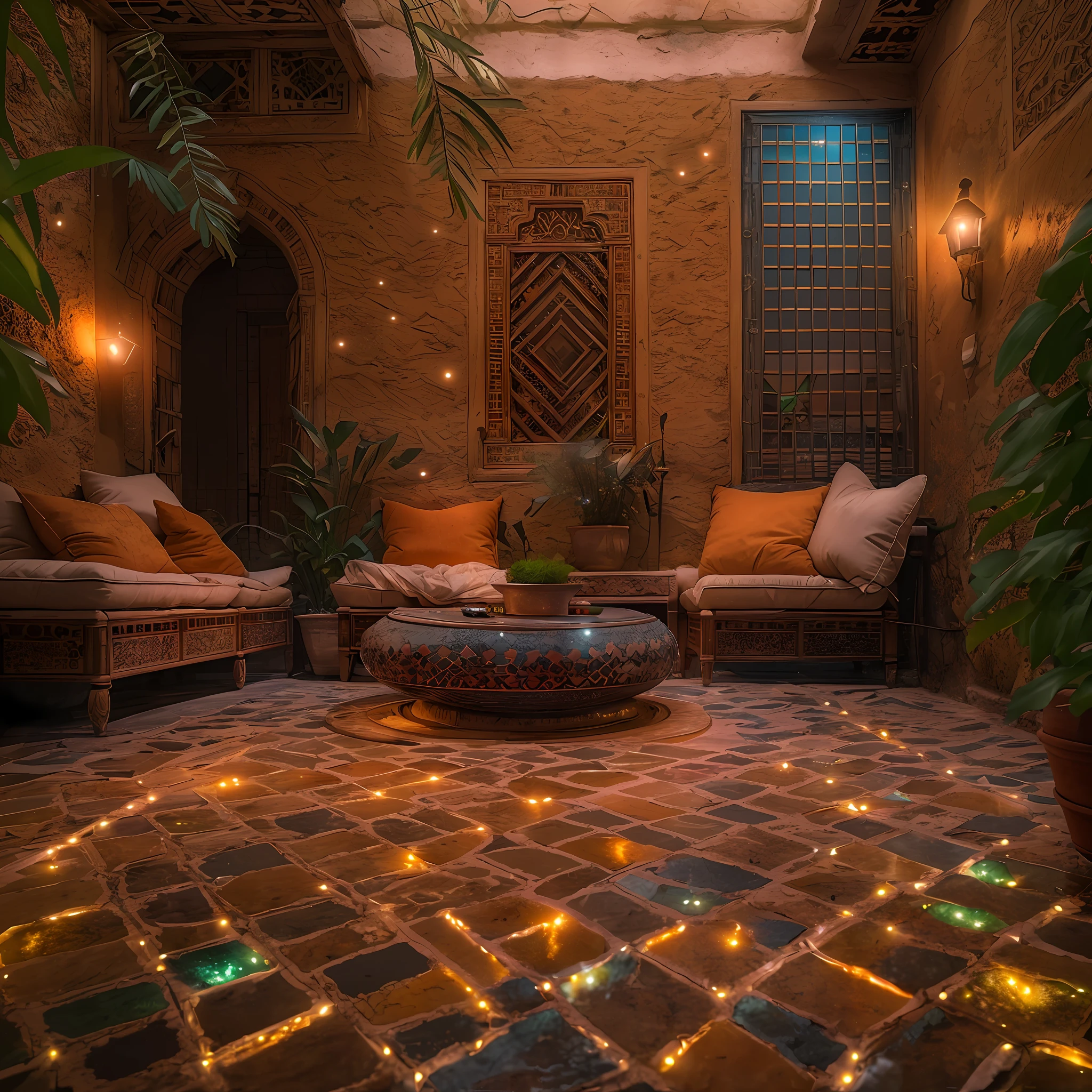 Moroccan salon, Amazig pillows, riad fountain, Exotic, primitive, ((Riad)), Marrakech, (Photoluminescence), Blooming flowers, Clear, Cinematic RAW photo, ultra real photo, Ultra photo realsisim, hyper HD, Digital SLR, Soft lighting, filmgrain, Fujifilm XT3, photographed on a Kodak Retina II Sanyo Xacti VPC-CA6, 50mm lens, wide angles, hdr, Hyper-realistic, colorgrading, voluminetric lighting, [volume fog, Moist], Shallow depth of field, Pondering, Photo, (Sparkling), glimmering, (glitters), glimmering, Shimmering, mistic, glittery, Best quality, 超高分辨率, (Masterpiece) (high qulity) (Detailed) (8K) (hdr) (the wallpaper) (Cinematic lighting) (Sharp focus) (iintricate)