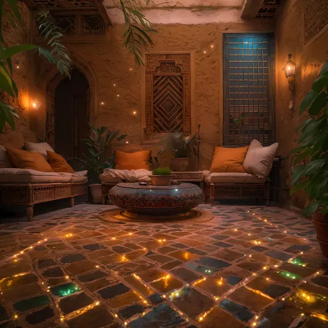 moroccan salon, amazig pillows, riad fountain, exotic, primitive, ((riad)), marrakech, (photoluminescence), blooming flowers, cl...