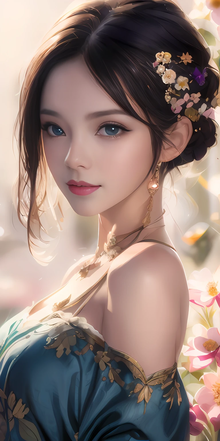 best qualtiy，tmasterpiece，A high resolution，1girll，Dingdall effect，realisticlying，edge lit，twotonelighting，（highdetailskin：1.2），8K  UHD，Pure，Sweet，Flower background，Colorful background，Based on physical rendering，Perfect light and shadow，extreme hight detail，Pink tones，Eye reflections，Raised sexy，perfect bodies，Superb beauty，largeeyes，long eyelasher，Delicate eyes，large shiny eyes，Subtle pupillary reflex，Shoulder and neck details，The pupil texture is delicate，Perfect eyes，Black pupils，best qualtiy，tmasterpiece，16k，A picture，head portrait，Bigchest，longer sleeves，Take care of your chest，Large breasts，Delicate avatar