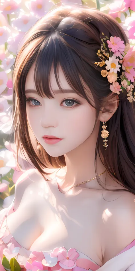 Pure，Sweet，Flower background，Colorful background，Based on physical rendering，Perfect light and shadow，extreme hight detail，Pink tones，，Raised sexy，perfect bodies，Superb beauty，largeeyes，long eyelasher，Delicate eyes，large shiny eyes，Delicate pupil reflectio...