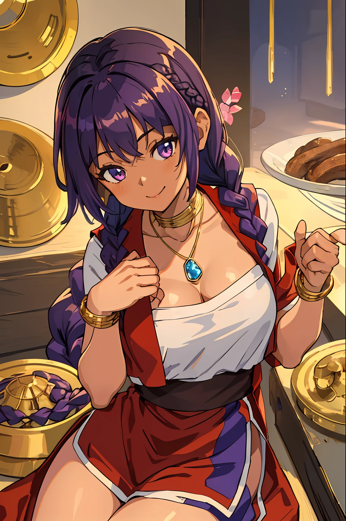 (Masterpiece, Best Quality;1.3), Extremely detailed, 1girl, 独奏, detailed skin, looking a viewer, dark skin, Smile, Long dark purple hair, braided braid, A young, big breastes, shantae, Купальники WHITE BANDEAU, red vest, Golden-collar, Necklace with large light blue gemstones, sitting,