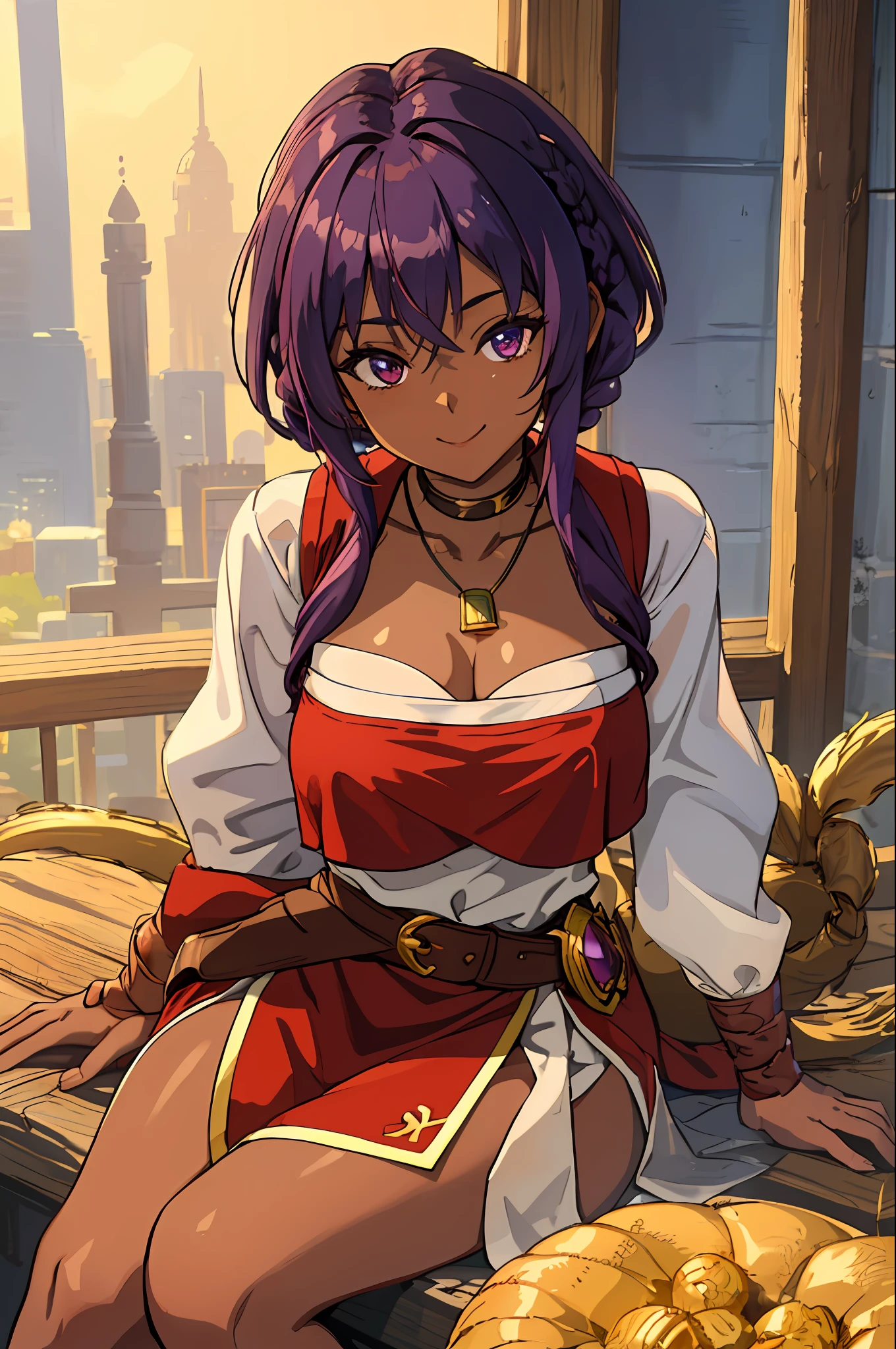 (Masterpiece, Best Quality;1.3), Extremely detailed, 1girl, solo, detailed skin, looking a viewer, dark skin, Smile, Long dark purple hair, braided braid, A young, big breastes, shantae, Купальники WHITE BANDEAU, red vest, Golden-collar, Necklace with large light blue gemstones, sitting,