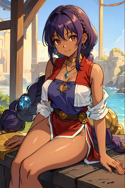 (Masterpiece, Best Quality;1.3), Extremely detailed, 1girl, 独奏, detailed skin, looking a viewer, dark skin, Smile, Long dark purple hair, braided braid, A young, big breastes, shantae, Купальники WHITE BANDEAU, red vest, Golden-collar, Necklace with large ...
