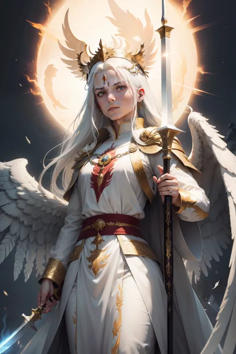 White hair, divine temperament, wearing a phoenix crown, cold expression, holding a sword one person high