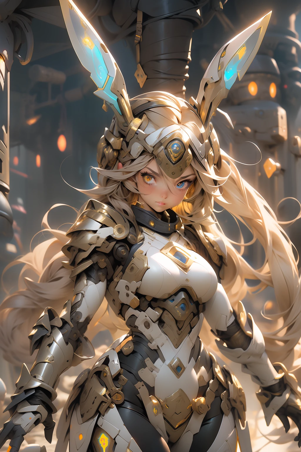 (masterpiece), (best quality), 1girl, detailed hair, cyborg girl with bunny ears, female warrior battle field, stand, (goledn glowing eyes), cyborg armor, golden armor