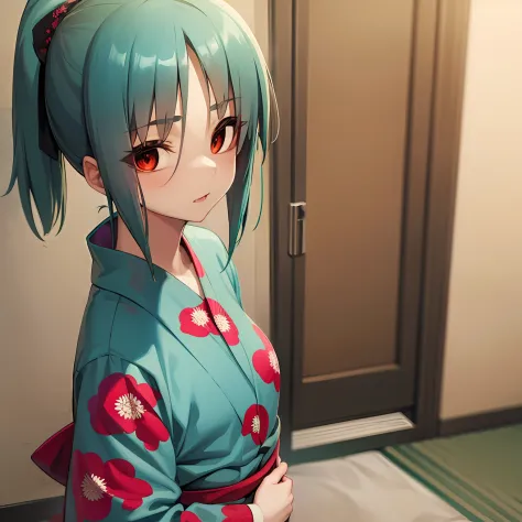 solo, ayane ichijou, red eyes, green hair, yukata, ponytail