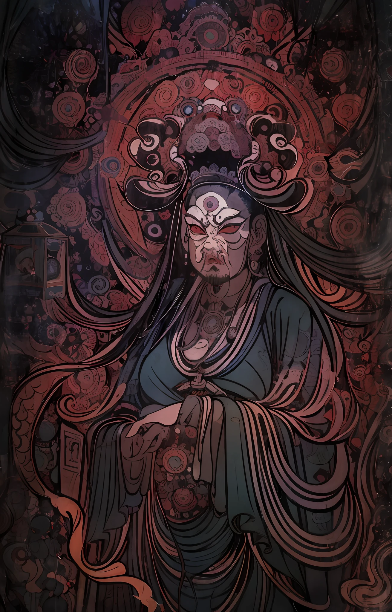 mural，masterpiece, traditional_media, best quality, , [Realistic], Extremely detailed CG ,Rakshasa woman，Dark fantasy, Intense atmosphere, mystical ambiance, traditional_Mediums, Best quality, Smoke, Old, Long sleeves, Red robe, Solo, ribbon, Cloud, Smoke, Thick black smoke, Mimic, Dark red background, headdress, jewelry, Long sleeves,Angry，Beard，abstracted:1.5，dancing pose，Dunhuang murals，Dark and bloody atmosphere., Mandala flowers，horror atmosphere.Dramatic lighting, Low contrast, Detailed textures, anatomy correct:1.5，full-body portraits:2