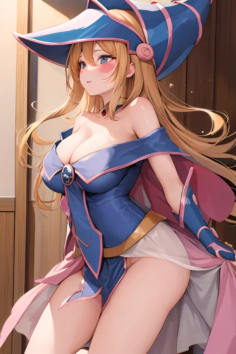 masterpiece, best quality, highres, hmdmg1, wizard hat, blush, blush stickers, cleavage, bare shoulders, dress, off shoulder, from side