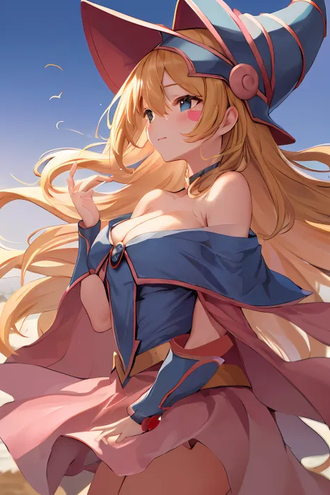 masterpiece, best quality, highres, hmdmg1, wizard hat, blush, blush stickers, cleavage, bare shoulders, dress, off shoulder, from side