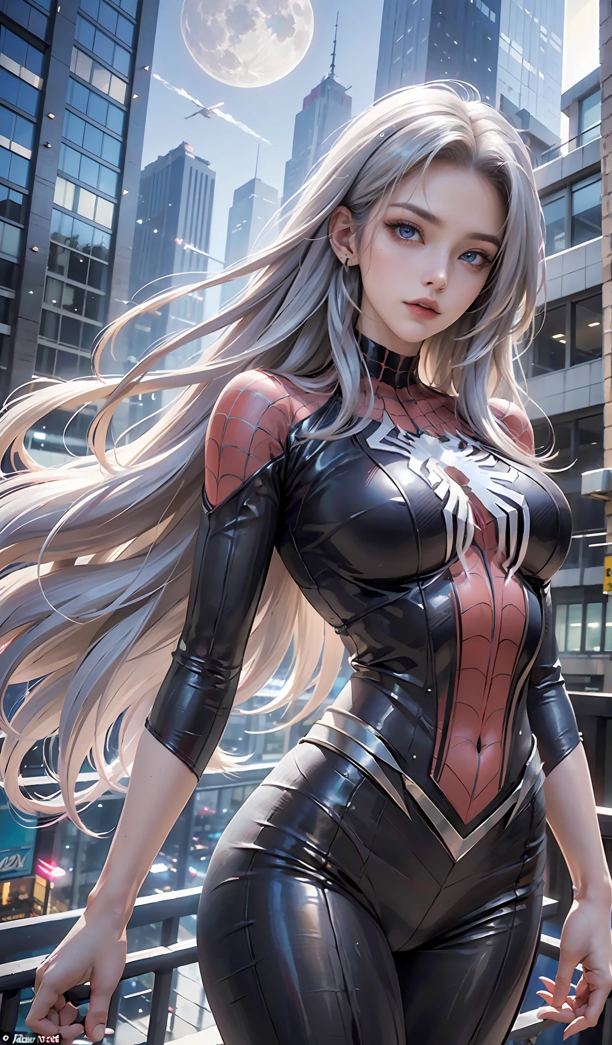 (Masterpiece, 4k resolution, ultra-realistic, very detailed), (White superhero theme, charismatic, there's a girl on top of town, wearing Spider-Man costume, she's a superhero), [ ((25 years), (long white hair:1.2), full body, (blue eyes:1.2), ((Spider-Man pose),show of strength, jumping from one building to another), ((sandy urban environment):0.8)| (cityscape, at night, dynamic lights), (full moon))] # Explanation: The Prompt mainly describes a 4K painting of ultra-high definition, very realistic, very detailed. It shows a superheroine at the top of the city, wearing a Spider-Man costume. The theme in the painting is a white superhero theme, the female protagonist has long white hair, is 25 years old and her entire body is shown in the painting. In terms of portraying the actions of superheroines, spiders are employed