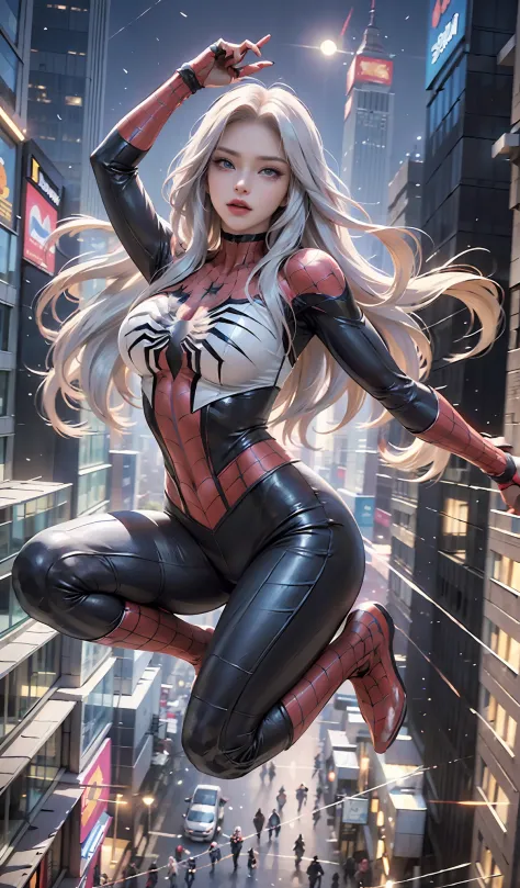 (Masterpiece, 4k resolution, ultra-realistic, very detailed), (White superhero theme, charismatic, there's a girl on top of town, wearing Spider-Man costume, she's a superhero), [ ((25 years), (long white hair:1.2), full body, (blue eyes:1.2), ((Spider-Man...