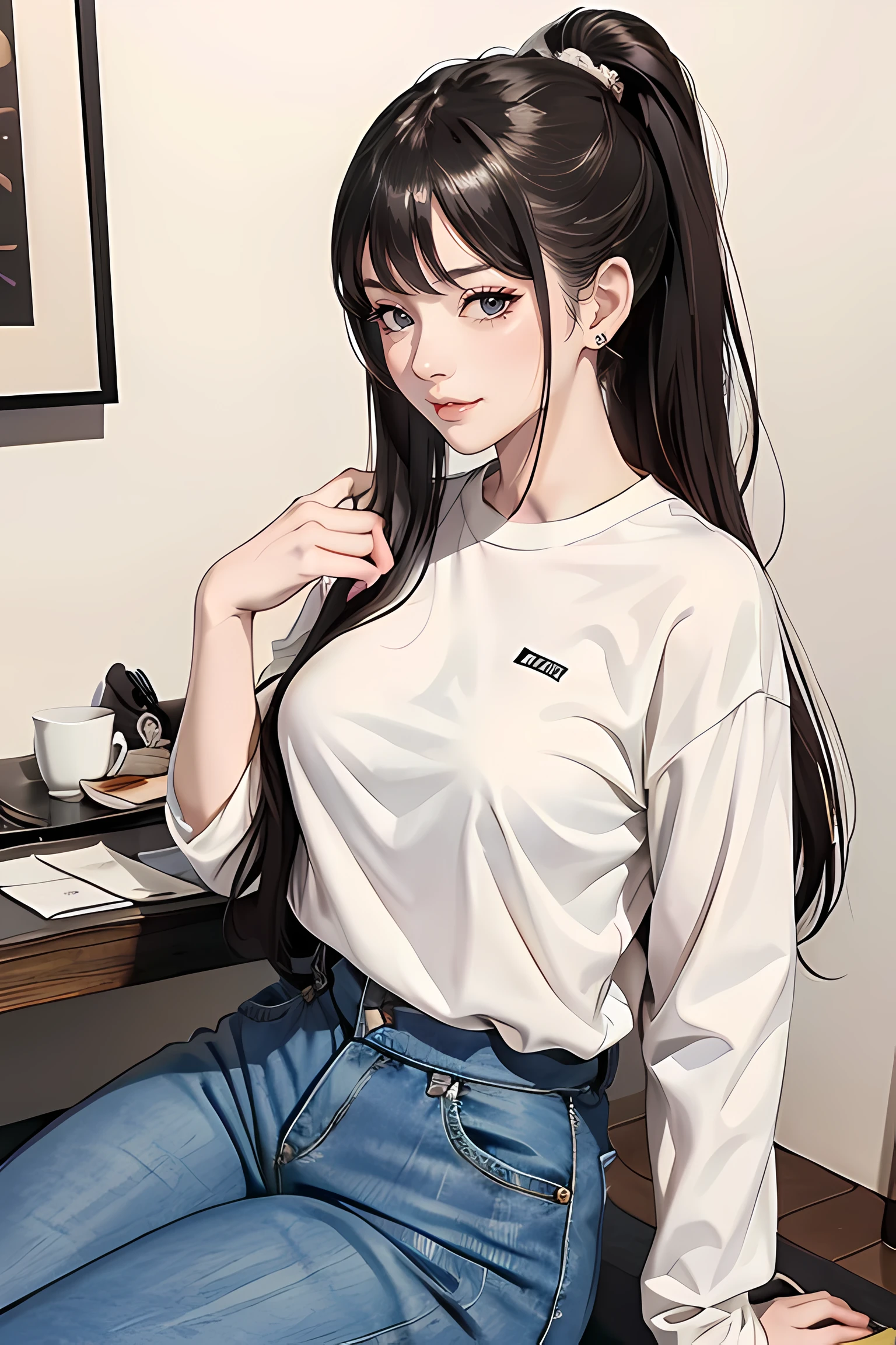 Uma mulher de camisa branca está segurando uma calça jeans, uma tatuagem por Nagasawa Rosetsu, tendências na sociedade cg, mingei, alta definição, 4K, amável, bishojo, corar, sorriso sedutor