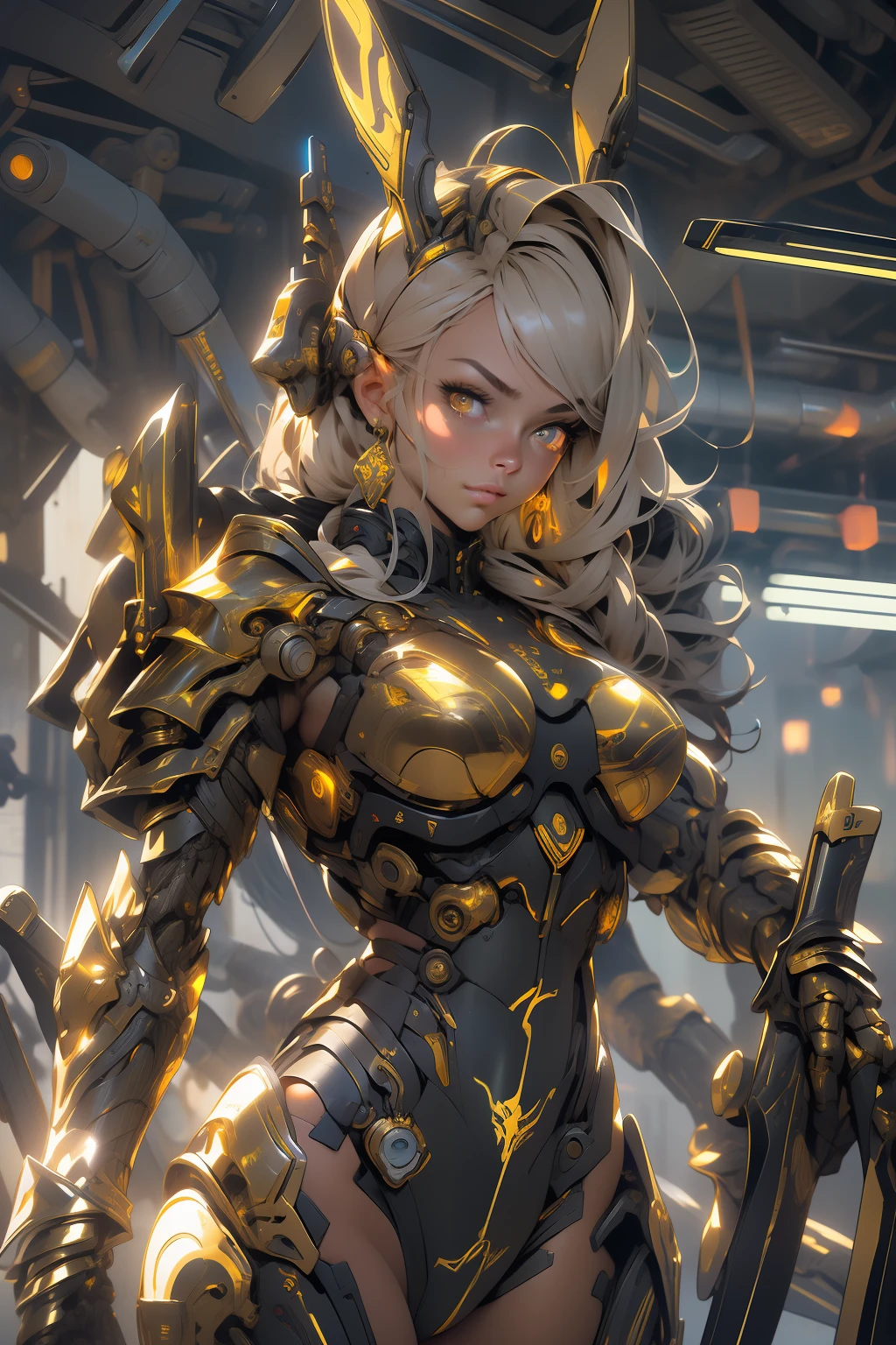 (masterpiece), (best quality), 1girl, detailed hair, cyborg girl with bunny ears, female warrior battle field, stand, (golden glowing eyes), cyborg armor, golden armor, black and golden, cinematic light