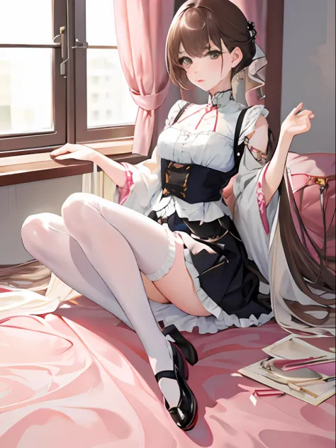tmasterpiece，Best quality at best，kinomoto_sakura，Girly style，laced dress，pastel colour，Estampados florales，high waist skirt，ballet flats，Exquisite accessories，Cafe，inside in room，high tea，desks，a young beautiful girl，greene eyes，with short brown hair，ultr...