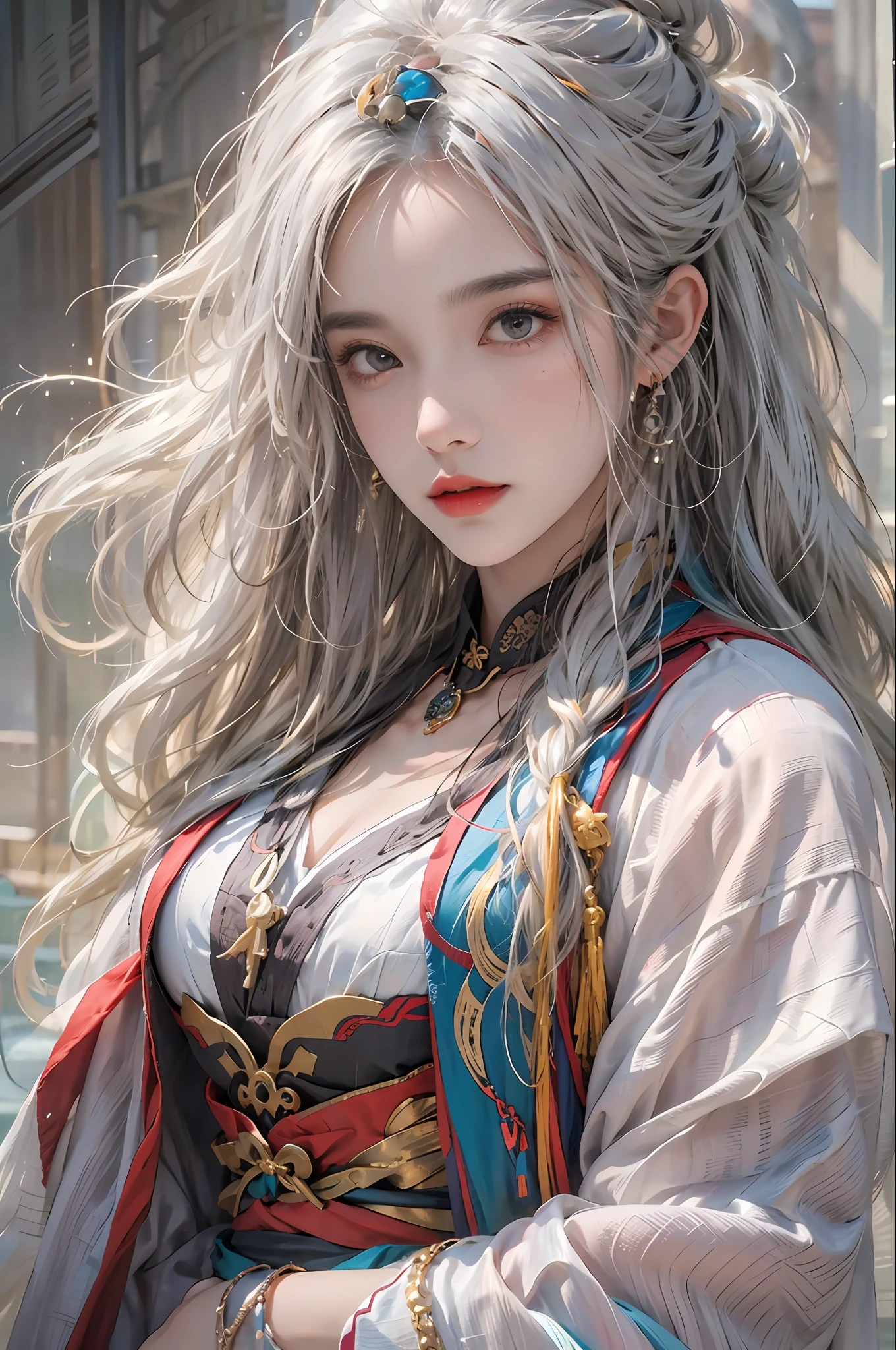 photorealistic, high resolution, 1women, solo, hips up, look at viewer, (detailed face), white hair, long hair, colorful Taoist robe,oversized clothes, midjourney portrait, jewelry