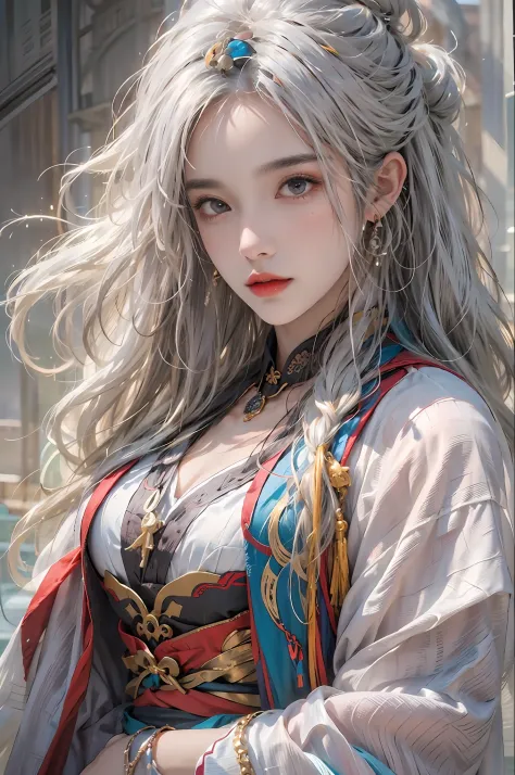 photorealistic, high resolution, 1women, solo, hips up, look at viewer, (detailed face), white hair, long hair, colorful taoist ...