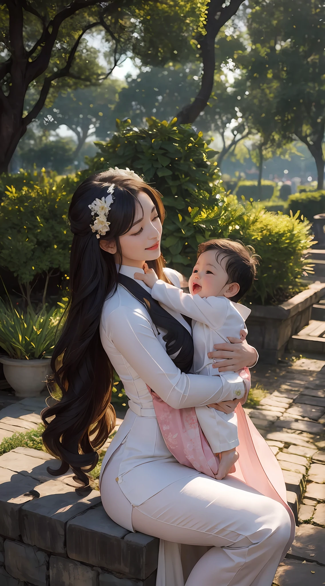 A tender moment captured in a vibrant garden, with a mother embracing her newborn baby boy. The scene is filled with love and warmth. [child:1.2], [mom wearing ao dai vietnam:1.1], ((baby boy)), outdoor, garden, [sunshine:1.1].