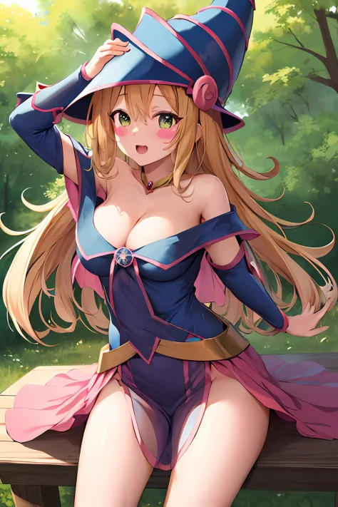 masutepiece, Best Quality, hight resolution, HMDMG1, Wizard Hat, blush, blush stickers, cleavage, Bare shoulders, Dress, off shoulders, :3, Open mouth, arms behind back, Outdoors、NSFW、Sheer dresses