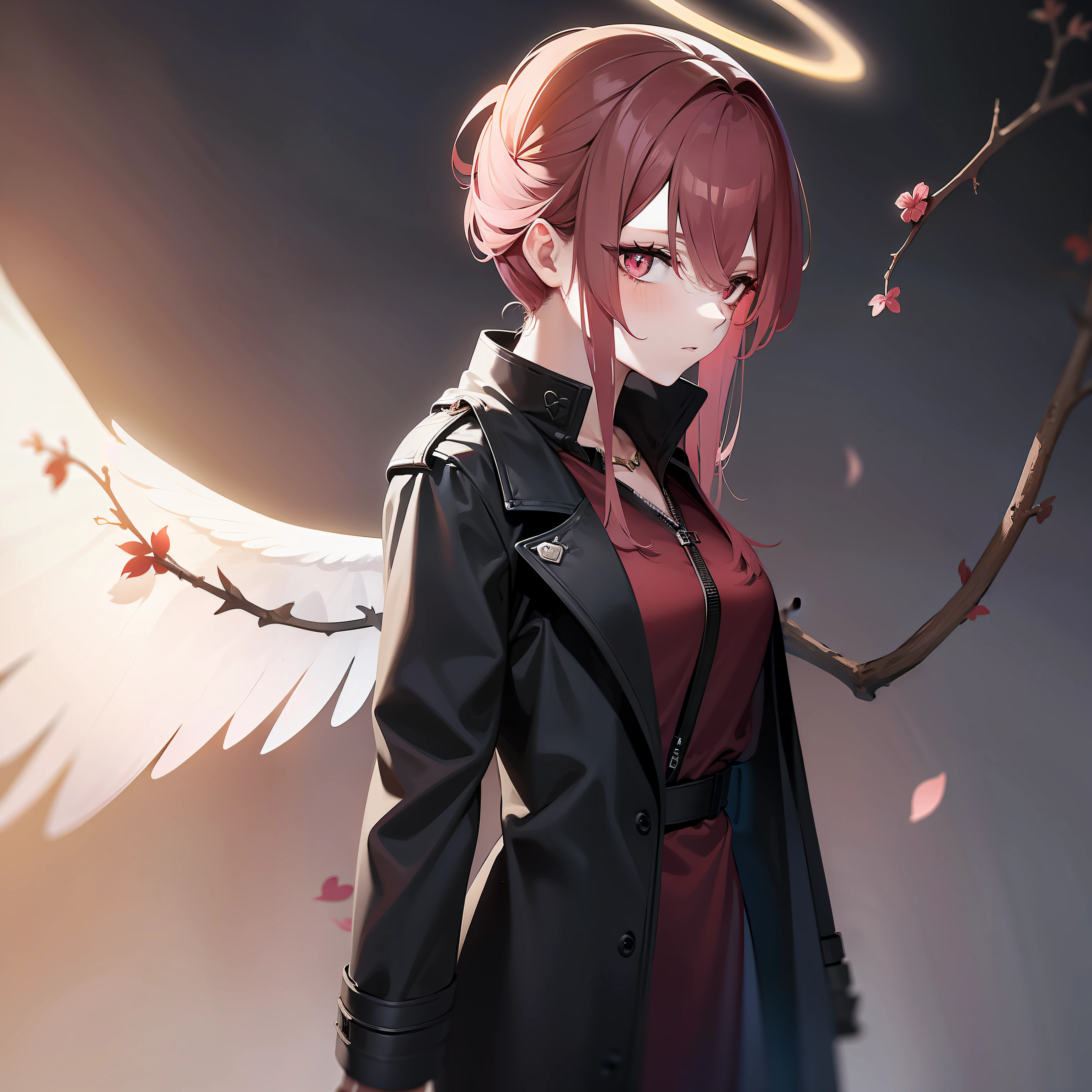 The halo has a pink heart-shaped pattern，Red shawl hair，Gray pupils，Black trench coat，There are white wings on one side of the back，On the other side are thorns，frontage