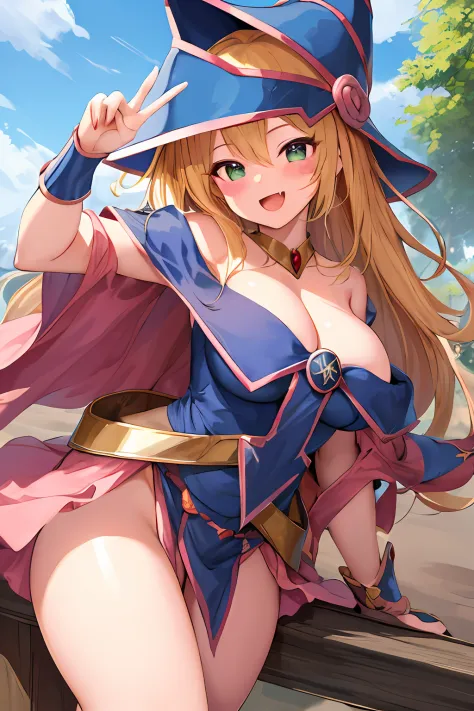masterpiece, best quality, highres, hmdmg1, wizard hat, blush, blush stickers, cleavage, bare shoulders, dress, off shoulder, peace_sign, smile, open mouth, fang, outdoors