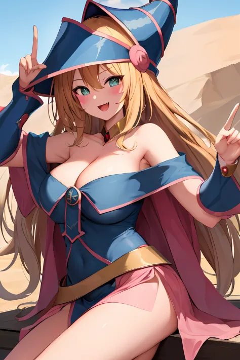 masterpiece, best quality, highres, hmdmg1, wizard hat, blush, blush stickers, cleavage, bare shoulders, dress, off shoulder, peace_sign, smile, open mouth, fang, outdoors